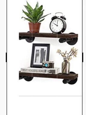 Two Rustic Dark Brown Wall Shelves with Black Pipe Brackets.